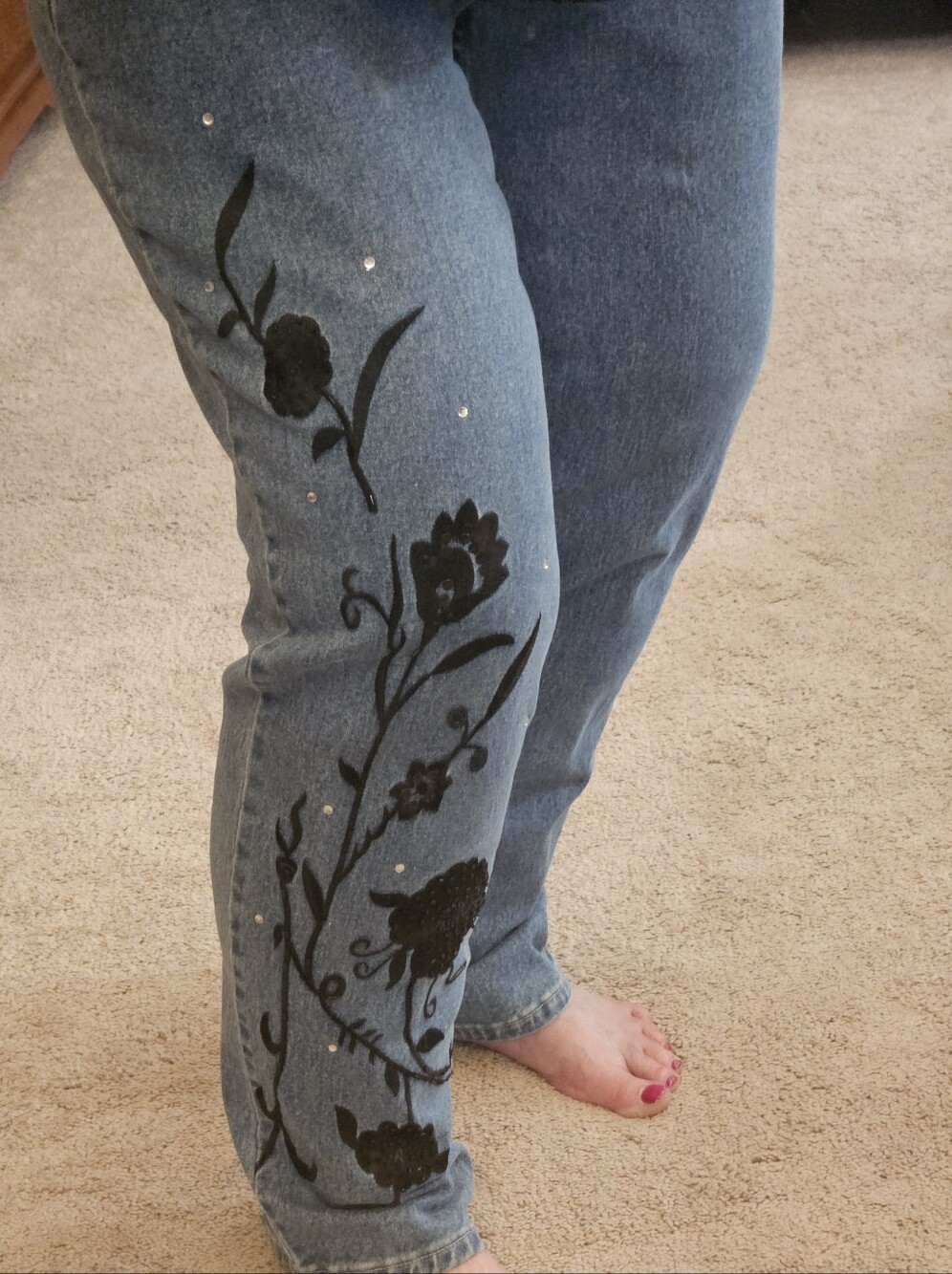 Quacker Factory Blue High-Rise Jeans with Black Floral Accents